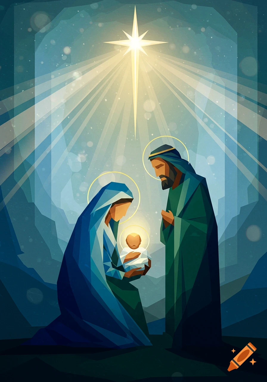 Abstract nativity scene with Mary, Joseph, and baby Jesus under a bright star in geometric art style.