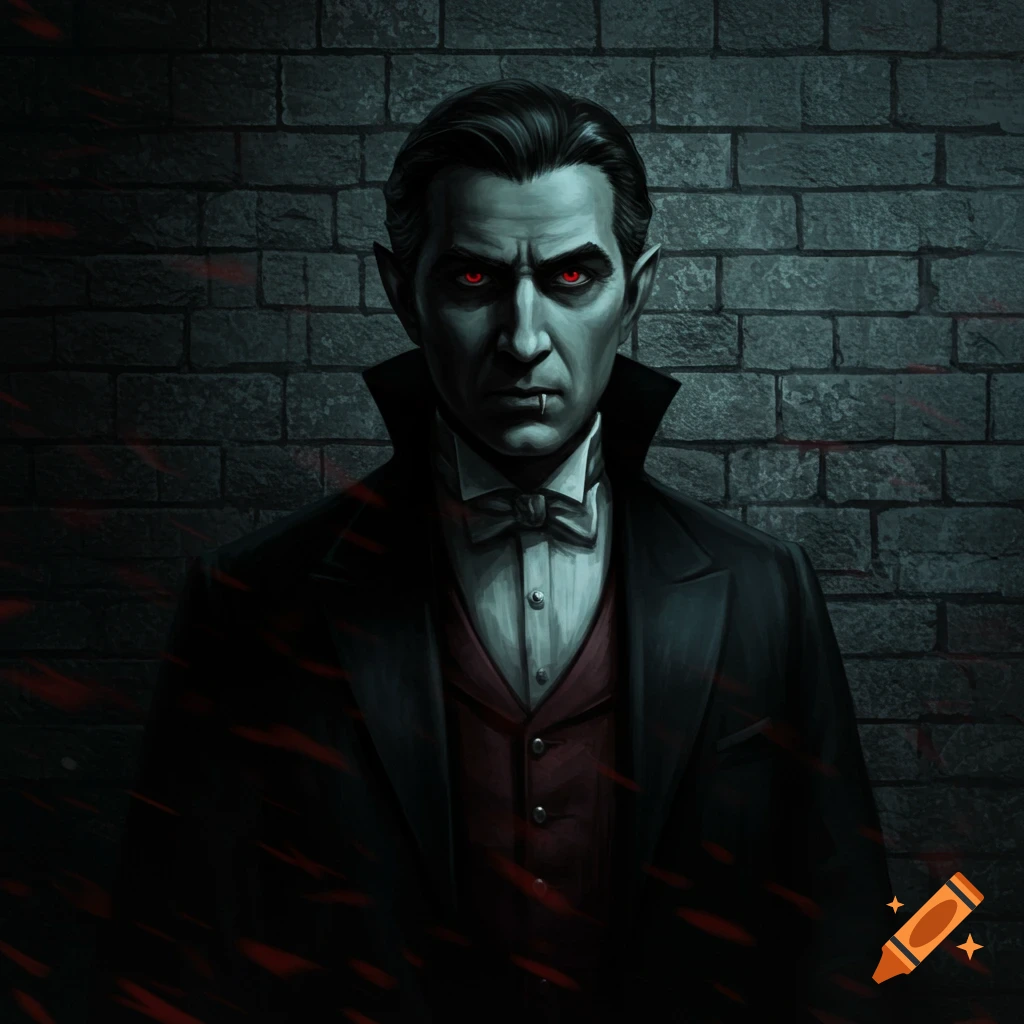 Stern-faced Dracula with red glowing eyes and fangs, wearing a dark suit against a grey brick wall.
