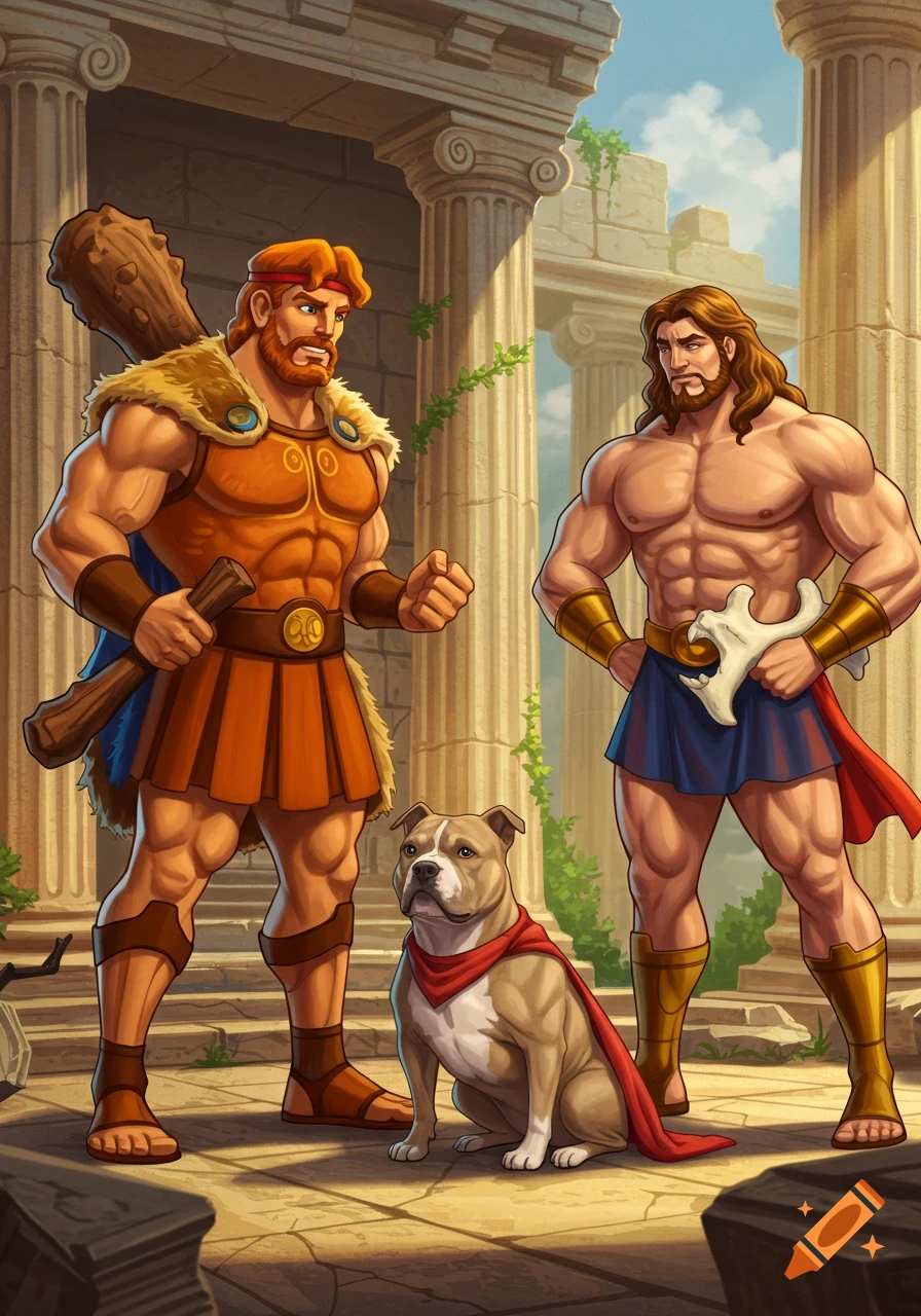 Cartoon of Hercules and Samson with an American Bully dog wearing a red cape in ancient Greek ruins.