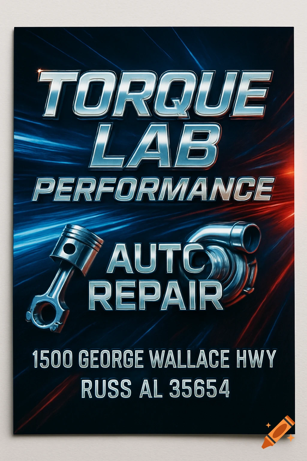A vibrant blue and red flyer for Torque Lab Performance Auto Repair, featuring a piston and a turbocharger with their address.
