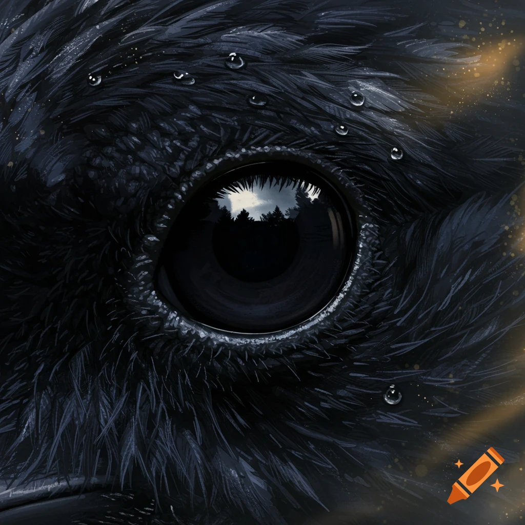 A close-up of a black raven's eye with water droplets on its dark feathers, reflecting a forest scene.