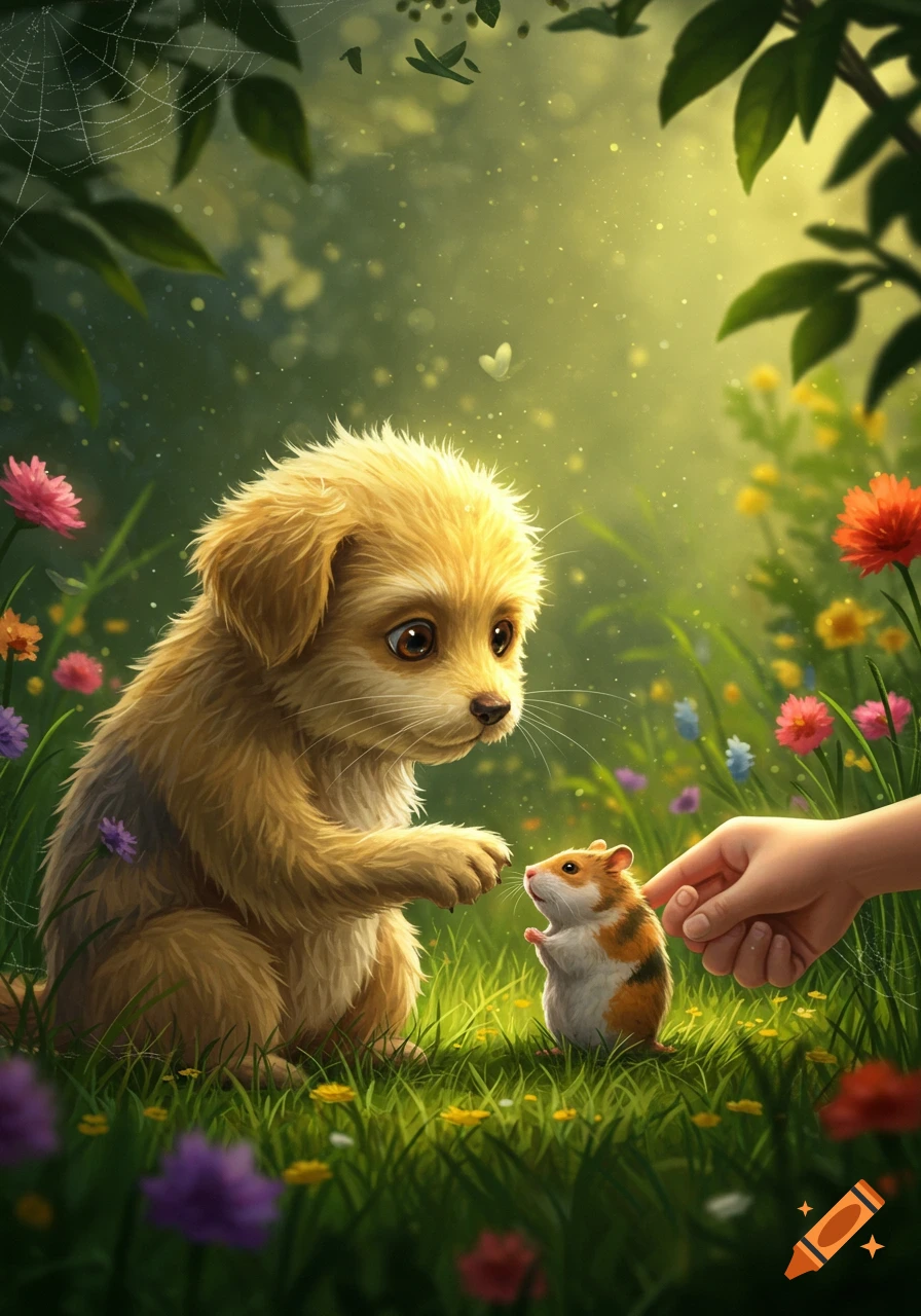 A cute fluffy golden puppy watches a human hand gently pet a small hamster in a sunlit meadow with colorful flowers.