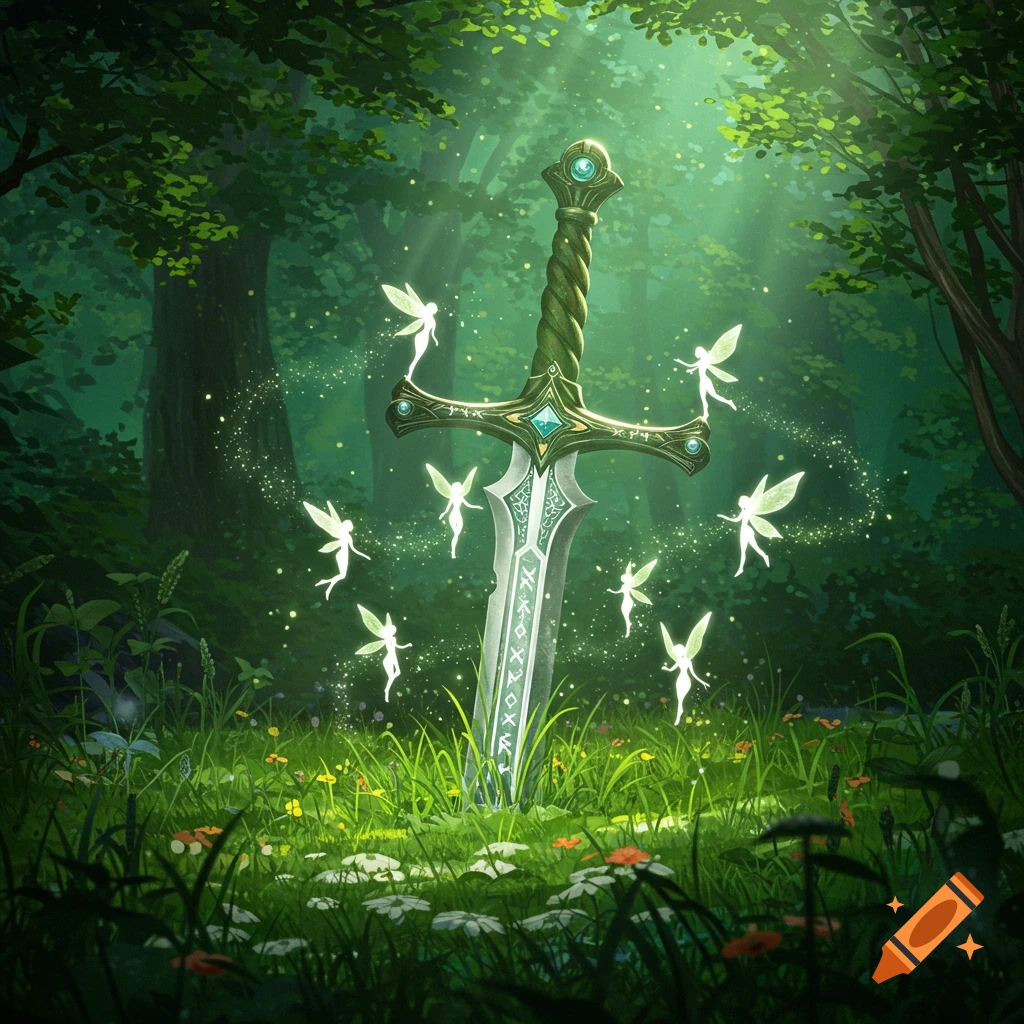 An ornate, glowing sword stands in a lush green forest, surrounded by small white fairies and sparkling light.