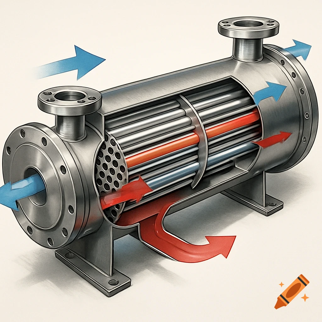 A detailed cutaway diagram of a shell and tube heat exchanger with blue and red arrows illustrating fluid flow.