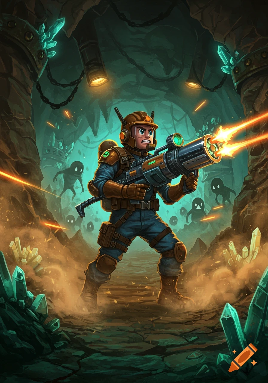 A cartoonish adventurer in a hard hat and armor shoots a large gun at shadowy creatures in a crystal-filled cave.