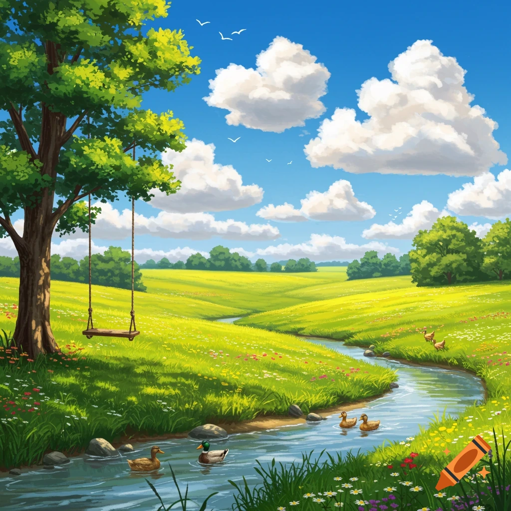 Illustrated landscape with a tree swing, ducks in a stream, green hills, and a blue sky with white clouds.