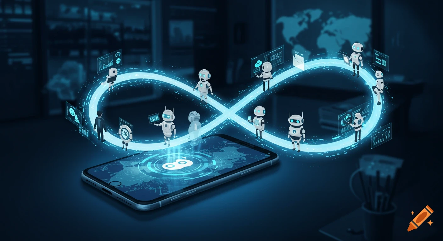 Futuristic digital art of robots and a human collaborating around a glowing infinity loop emerging from a smartphone, set against a global map.