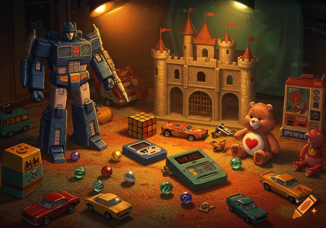 A detailed illustration of various 80s toys including a large robot, a toy castle, a teddy bear, toy cars, a Rubik's cube, and marbles on a carpet.