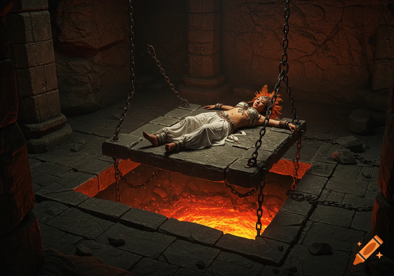 A woman in an ornate white outfit with a feathered headdress lies chained on a stone platform suspended by chains over a glowing pit of lava in a dark, ancient temple.