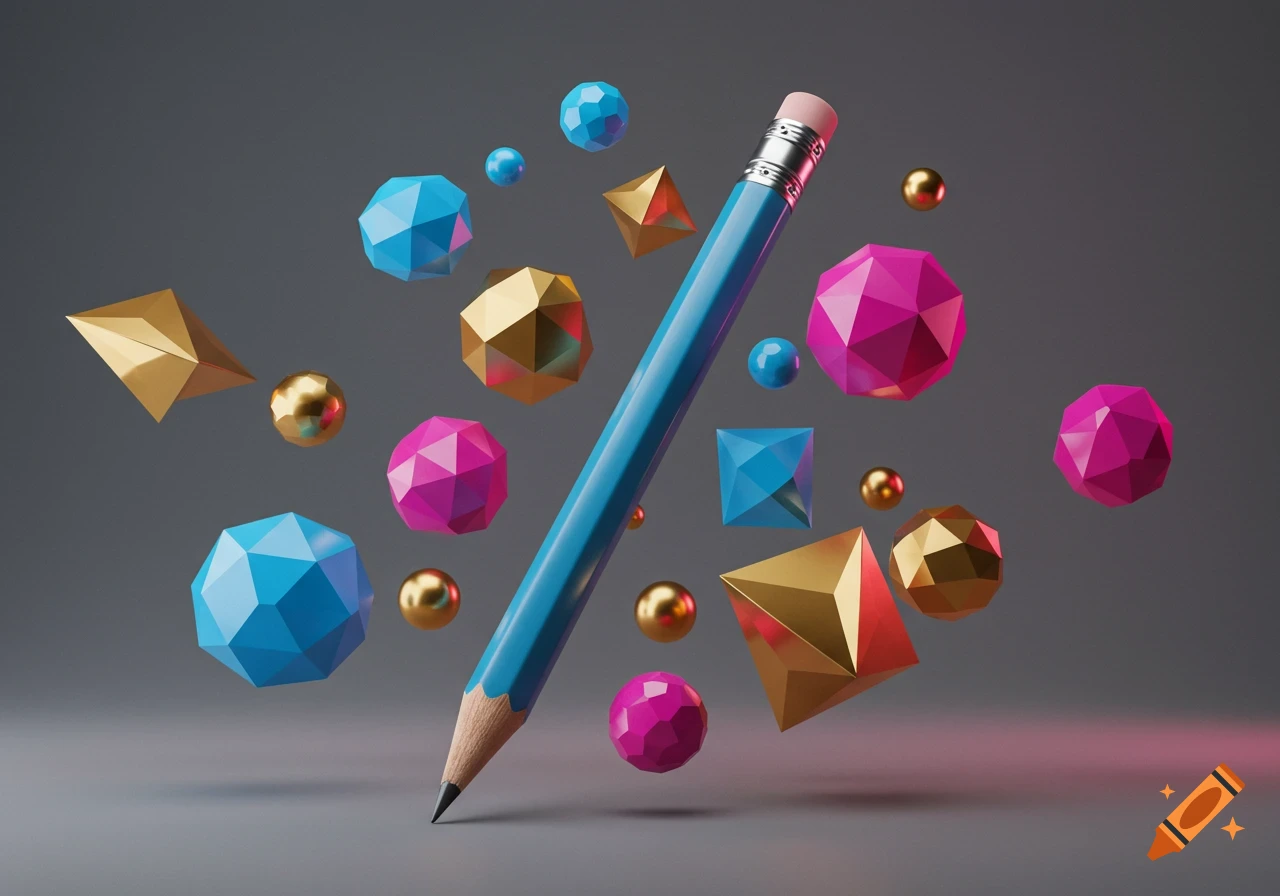 A blue pencil floats among colorful polygonal and spherical geometric shapes on a dark gray background, rendered in 3D.