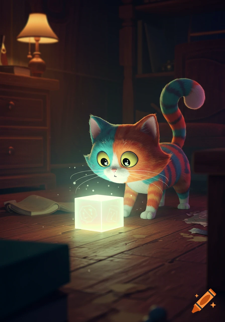 A wide-eyed cartoon cat with orange, teal, and blue fur curiously peers at a glowing white cube on a wooden floor in a dim room.
