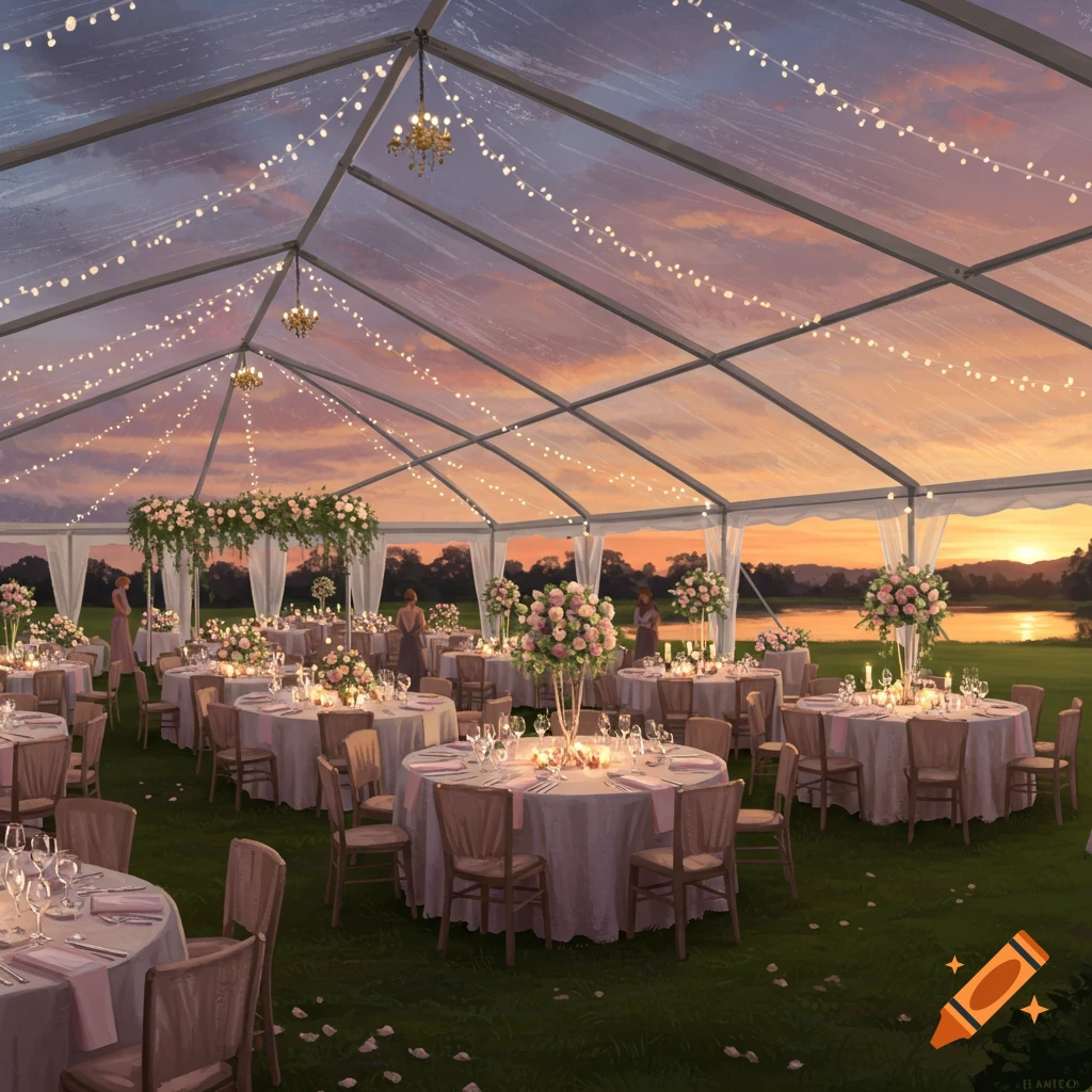 A beautiful wedding reception under a clear tent at sunset, with tables, chairs, and floral arrangements on a grassy lawn.
