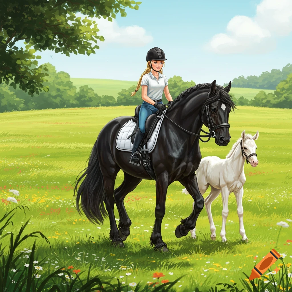 A girl with blonde braided hair wearing a helmet and riding gear on a black horse, accompanied by a white foal, in a green field.