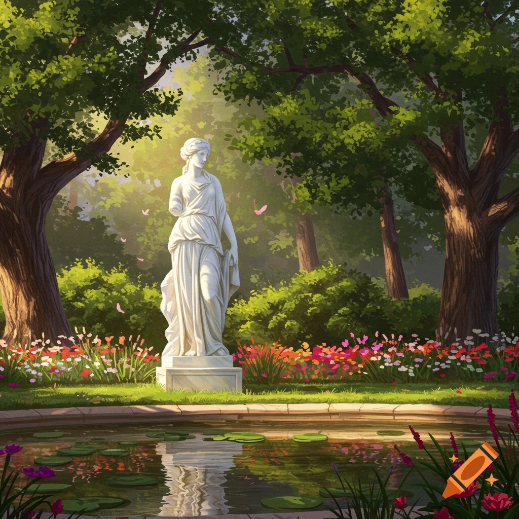 A white marble statue of a classical figure stands in a lush, sunlit garden with a pond and colorful flowers.