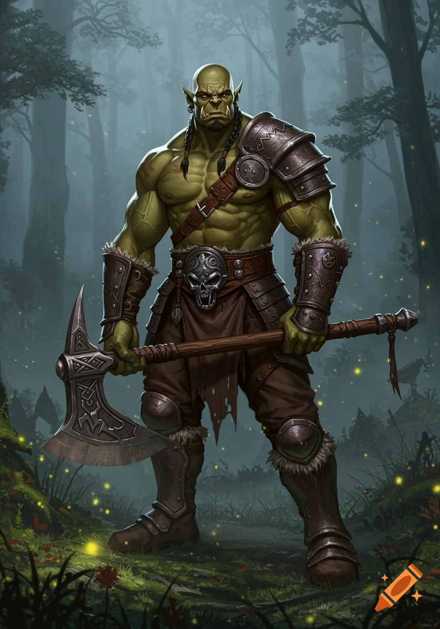 A muscular green-skinned orc warrior with braided hair stands in a misty forest, holding a large axe.