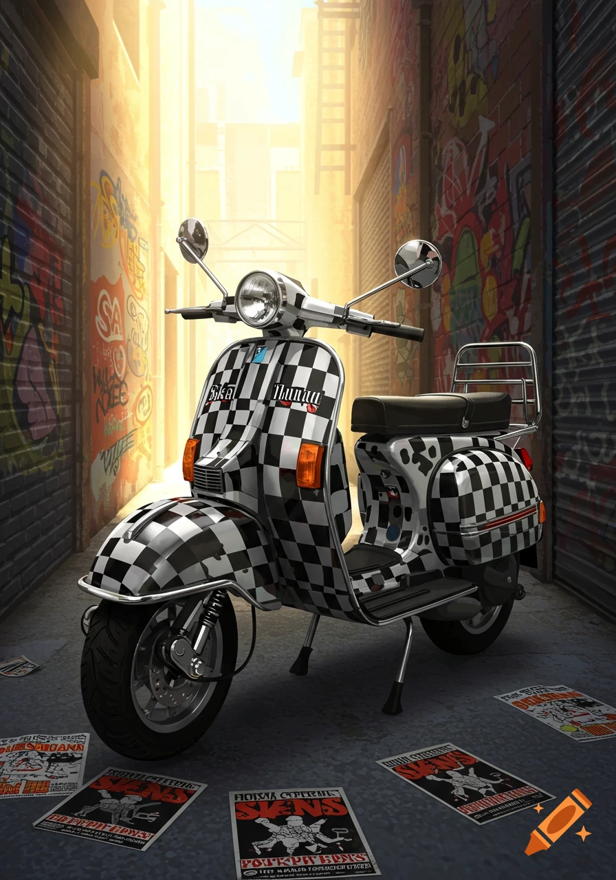 A checkerboard patterned scooter parked in a sunlit, graffiti-covered alleyway with posters on the ground.