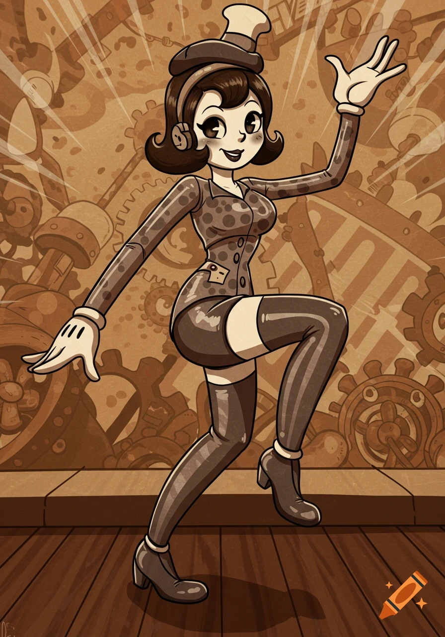 A retro sepia-toned cartoon pin-up girl in a spotted suit and high-heeled boots poses on a stage against a background of gears.