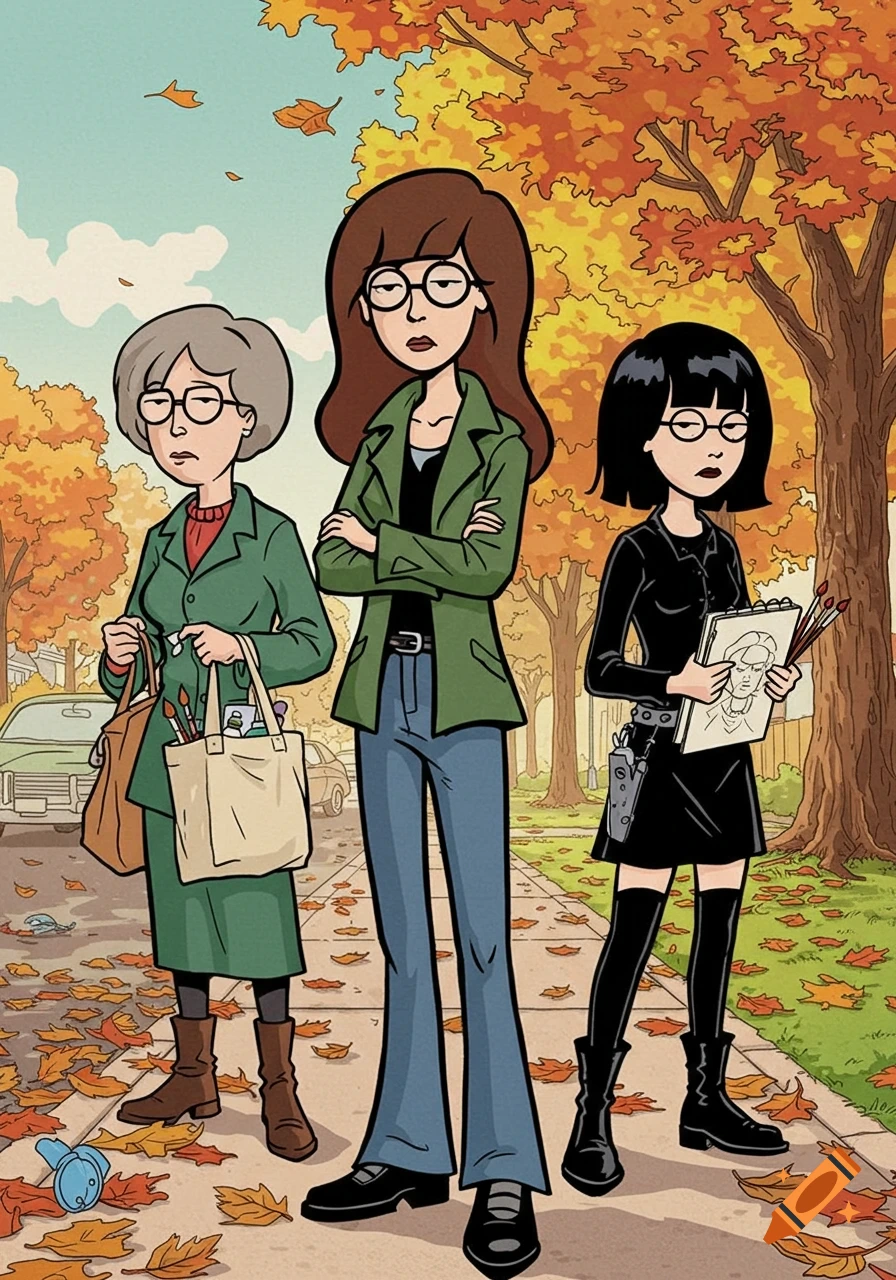Three women from Daria (Daria, Jane, Helen) stand on an autumn sidewalk with fallen leaves and trees in a cartoon style.