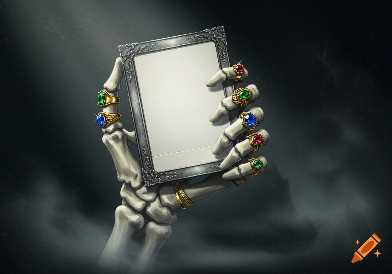 A skeleton hand adorned with gold and silver gemstone rings, holding a blank photo frame in a dark, smoky setting.