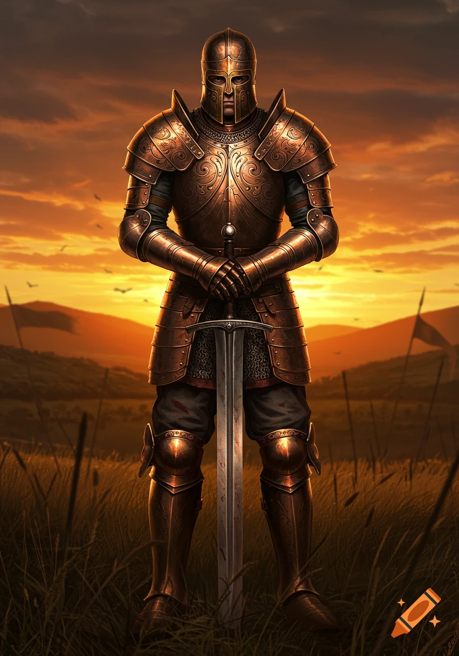 A knight in ornate bronze armor stands in a grassy field holding a sword at sunset.