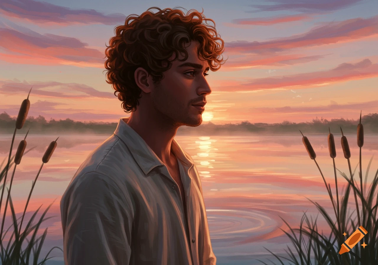 A digital painting of a man with curly hair looking out over a serene lake at sunset, surrounded by reeds.