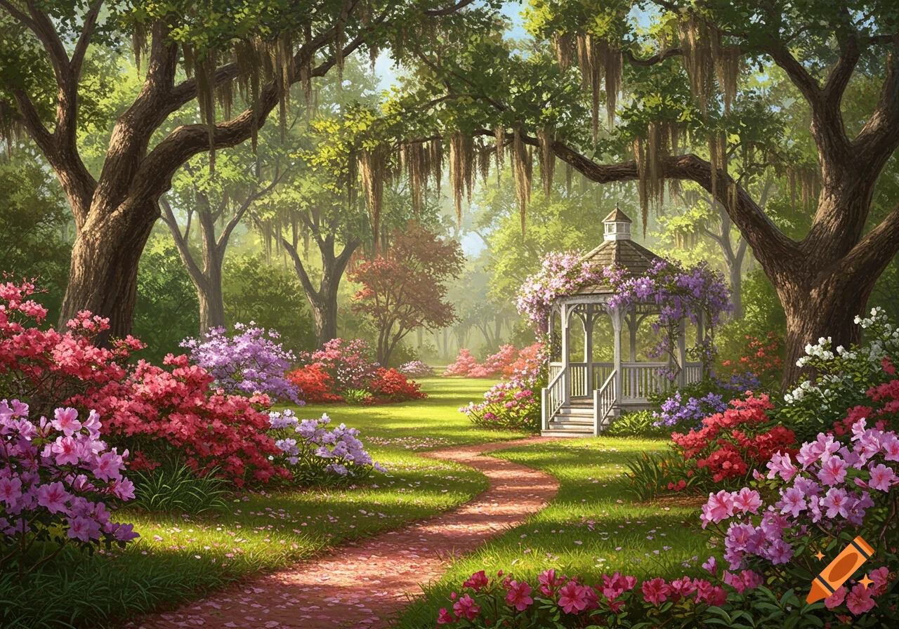 A vibrant South Carolina garden with a white gazebo covered in purple flowers, surrounded by colorful azaleas, a winding path, and large trees with Spanish moss.