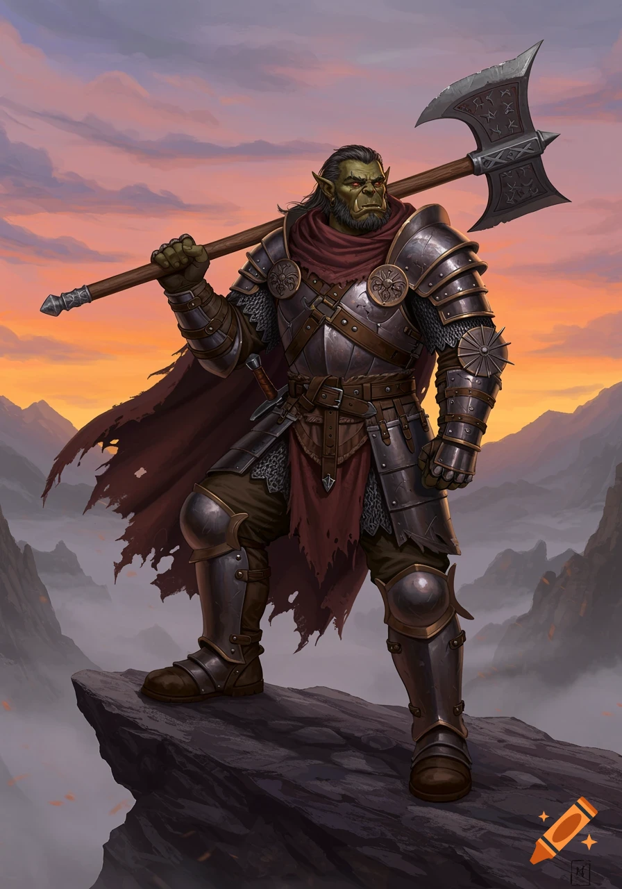 A powerful half-orc warrior in detailed plate armor stands on a rocky mountain, holding a large axe under a dramatic sunset sky.