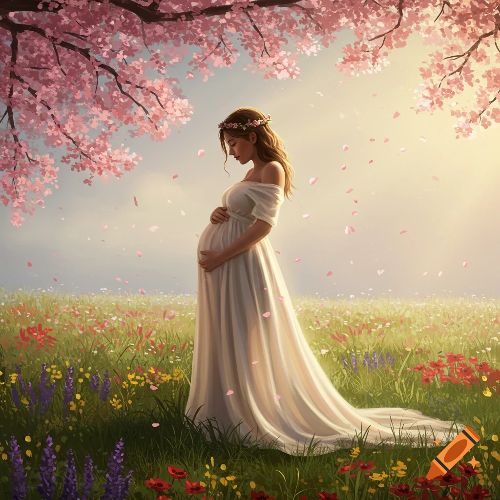 A pregnant woman in a white dress stands in a vibrant flower field under a pink cherry blossom tree, gently holding her belly.