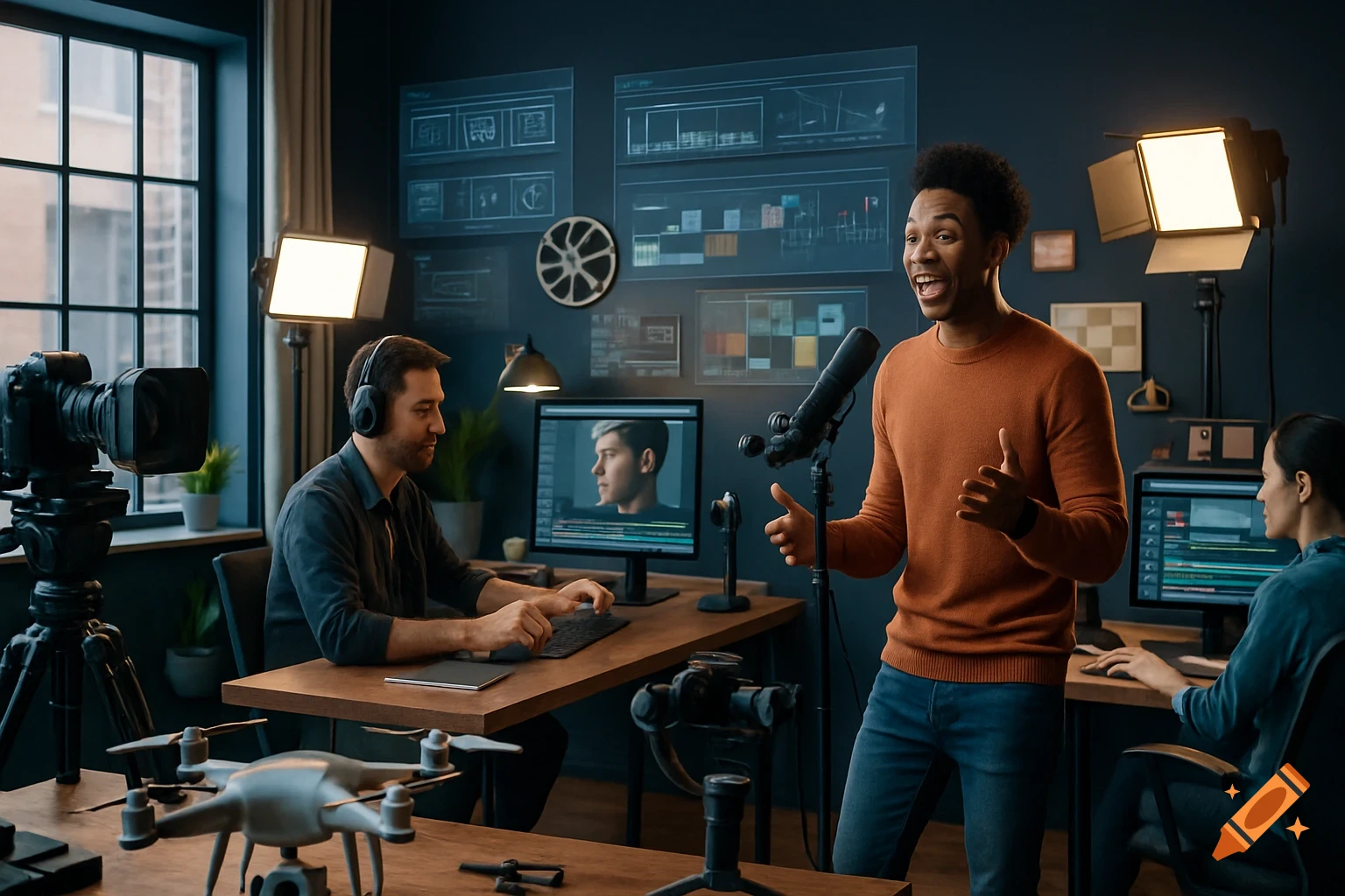 Photorealistic image of diverse content creators working in a modern filmmaking studio with professional equipment.