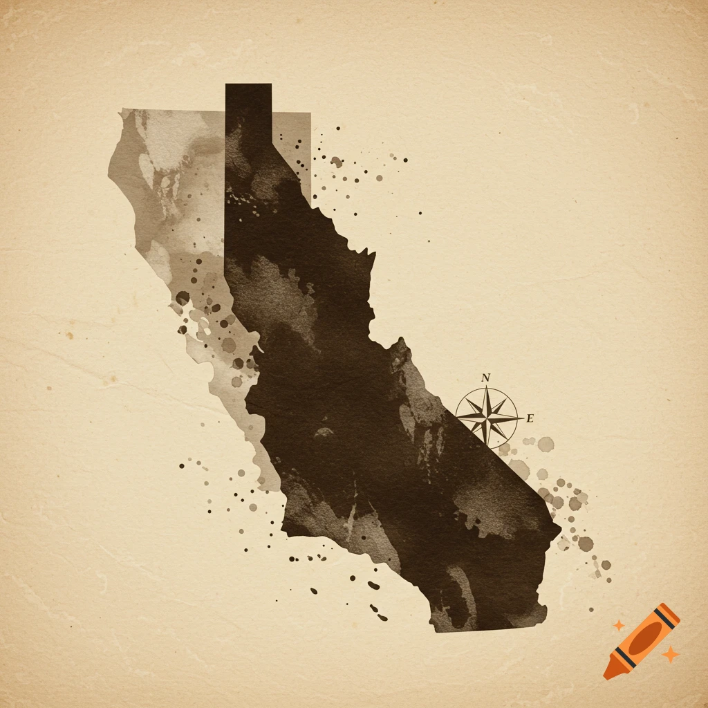 A sepia-toned watercolor illustration of the overlapping outlines of the states of California and Idaho with a compass rose.