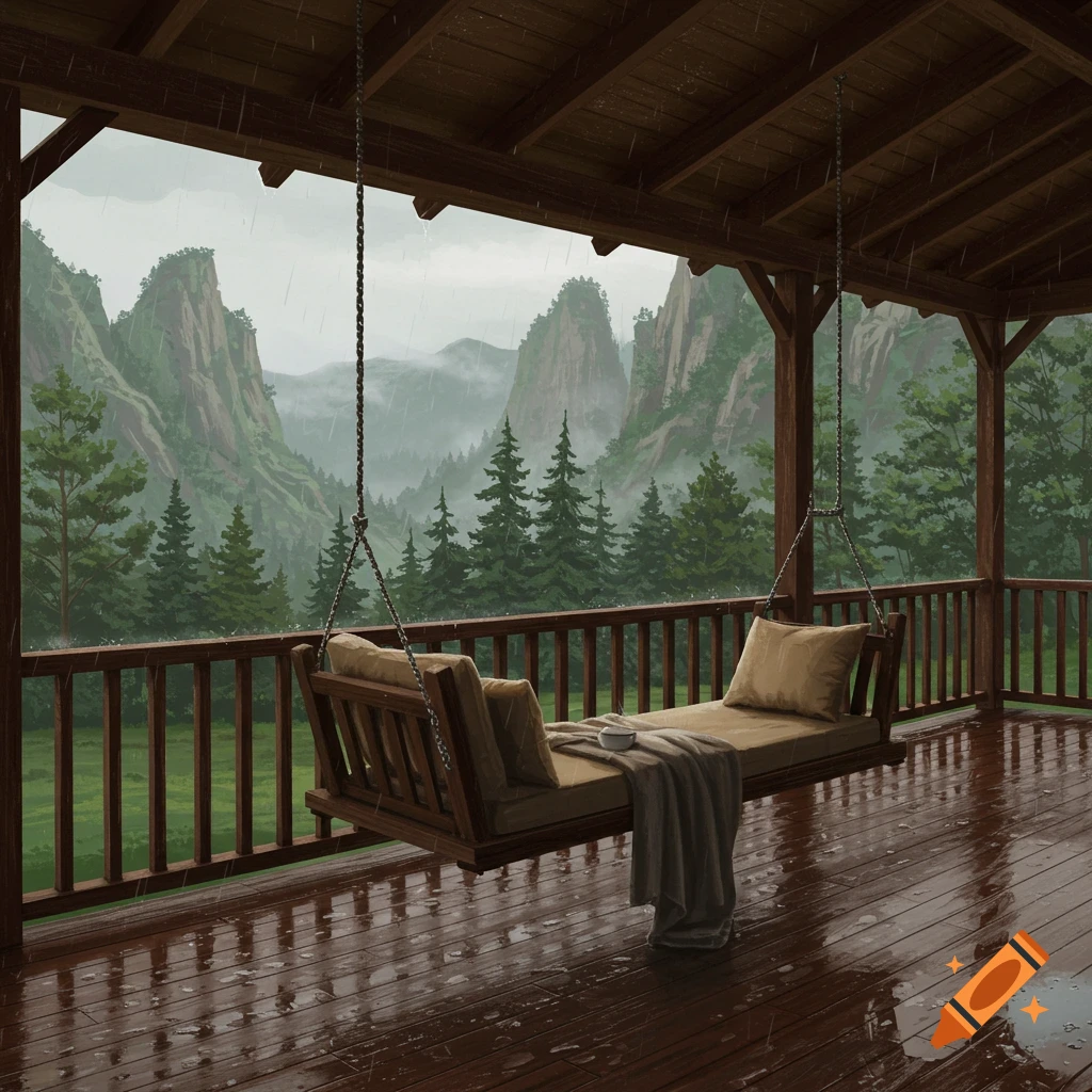 A covered porch with an oversize swing overlooking mountains and pine trees in the rain. The porch floor is wet and reflective.