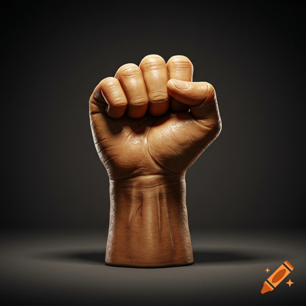 A hyperrealistic, detailed close-up of a clenched fist with strong lighting against a dark background.