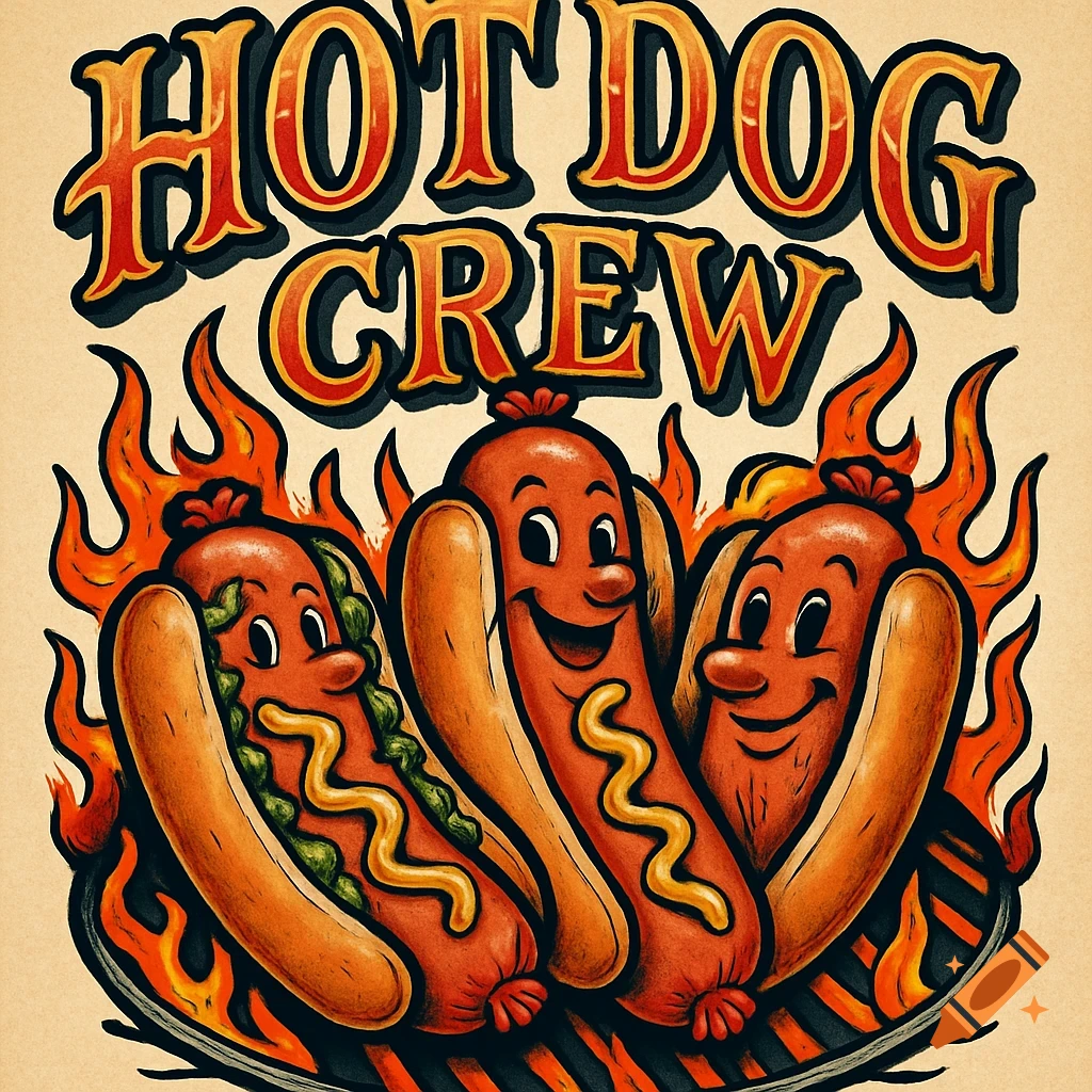 Tattoo style illustration of three smiling cartoon hot dogs in buns on a grill with flames, with 'HOT DOG CREW' text above.