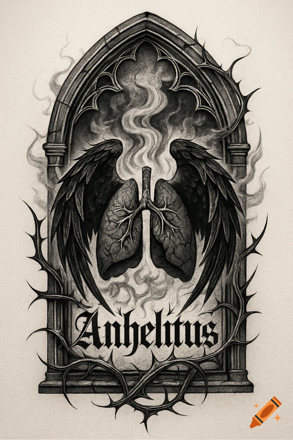 Gothic-style black and white illustration of winged lungs within a cathedral window frame, surrounded by thorns and smoke, with 'Anhelitus' text.