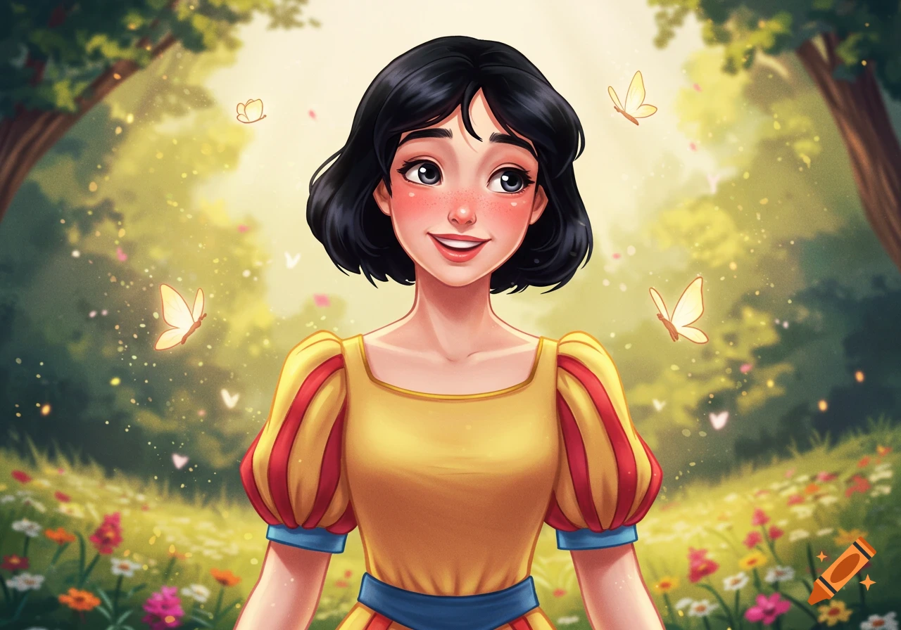 A cartoon woman with short black hair, rosy cheeks, and a yellow, red, and blue dress smiles in a sunny forest with butterflies.