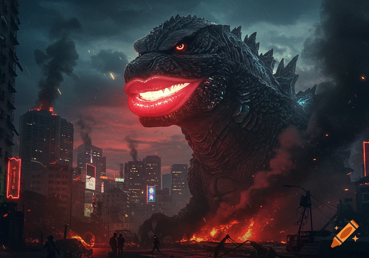 Photorealistic Godzilla with bright red human lips overlooks a burning, ruined city under a stormy sky.