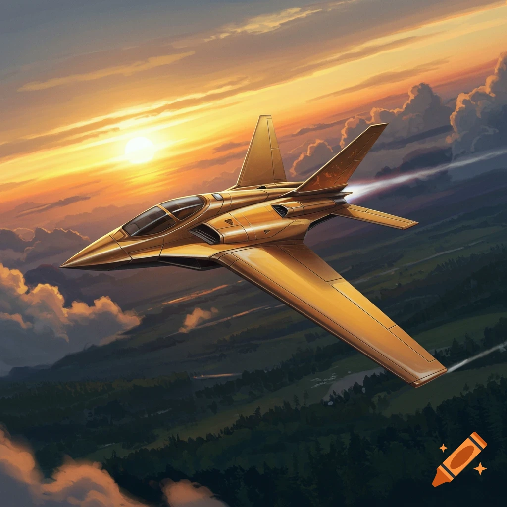 A sleek golden jet airplane flies through a vibrant sunset sky above a forested landscape.