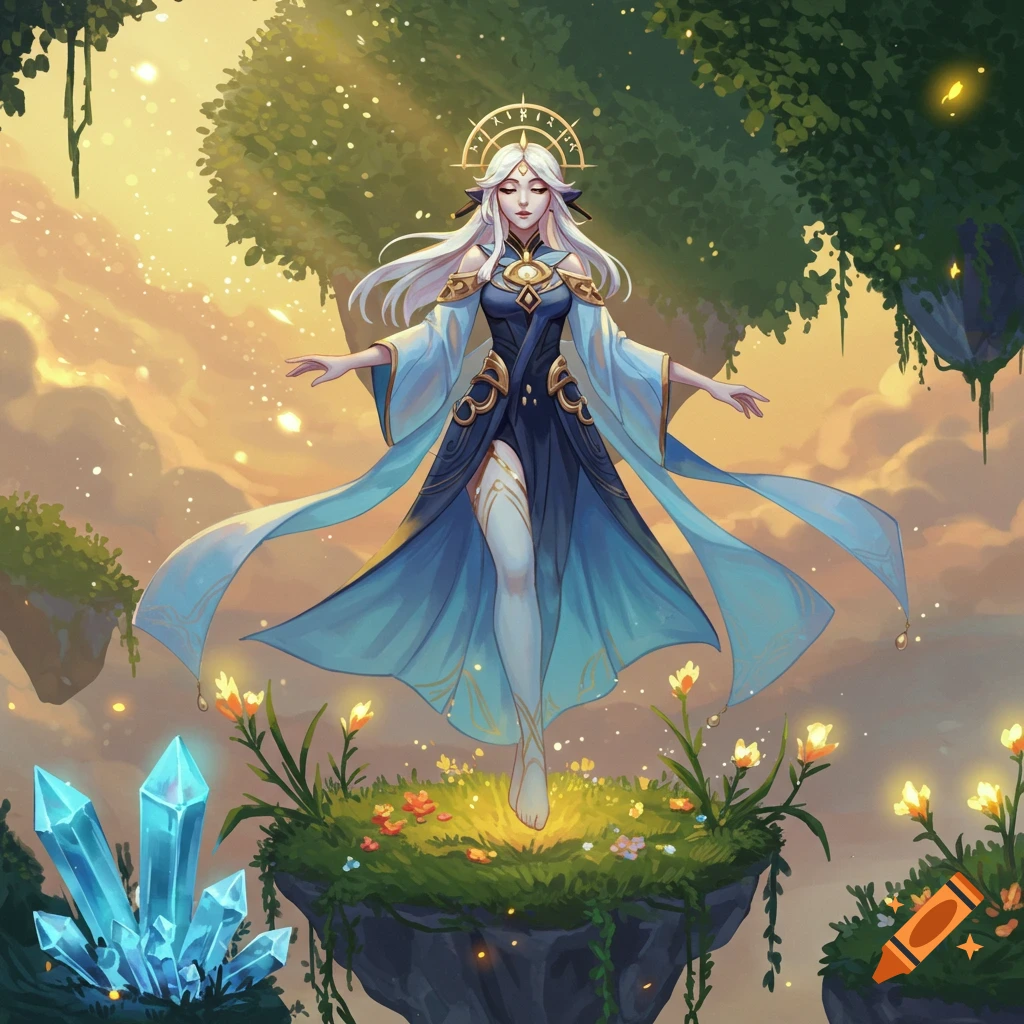A white-haired fantasy woman in a flowing blue gown floats above a glowing island with flowers and crystals, set against a golden sky with distant floating islands and trees.
