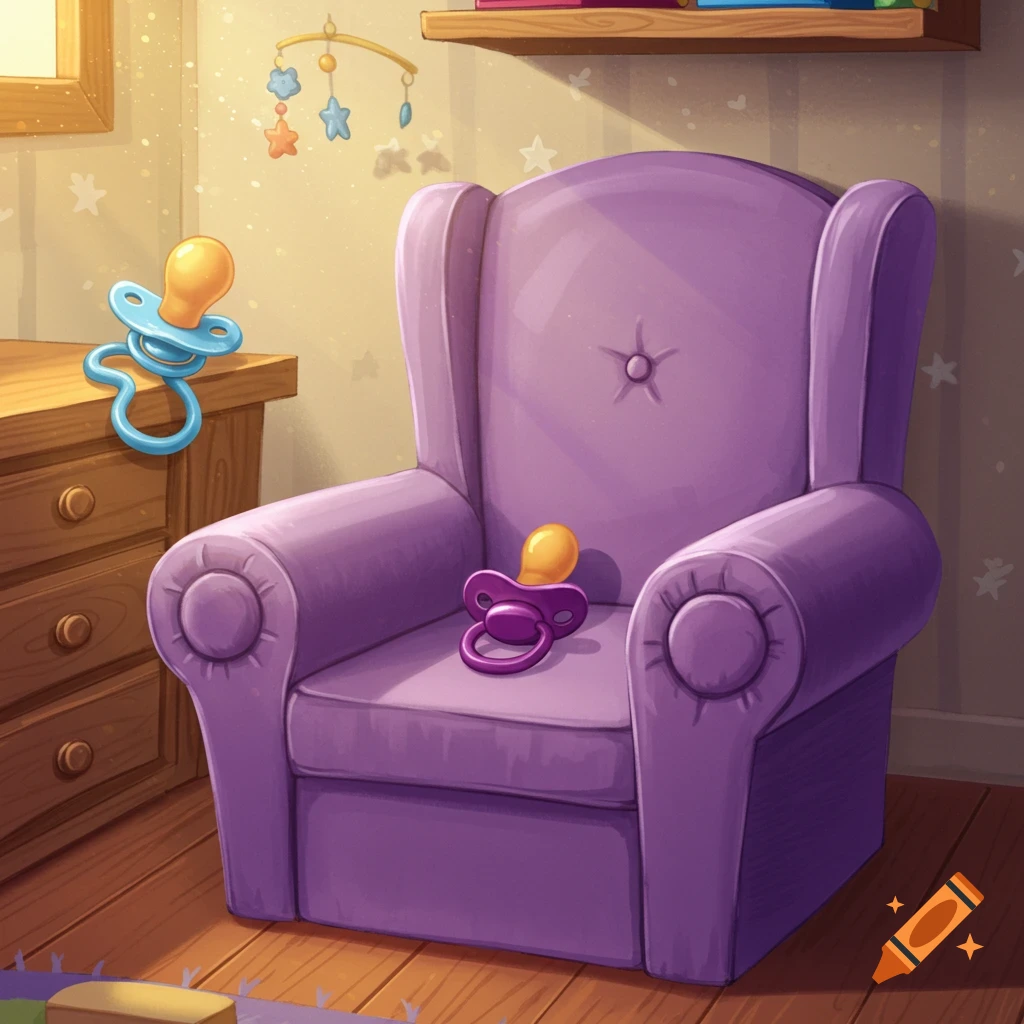 A cozy, sunlit nursery room illustration with a purple armchair, a wooden dresser, and two pacifiers, one blue and one purple.