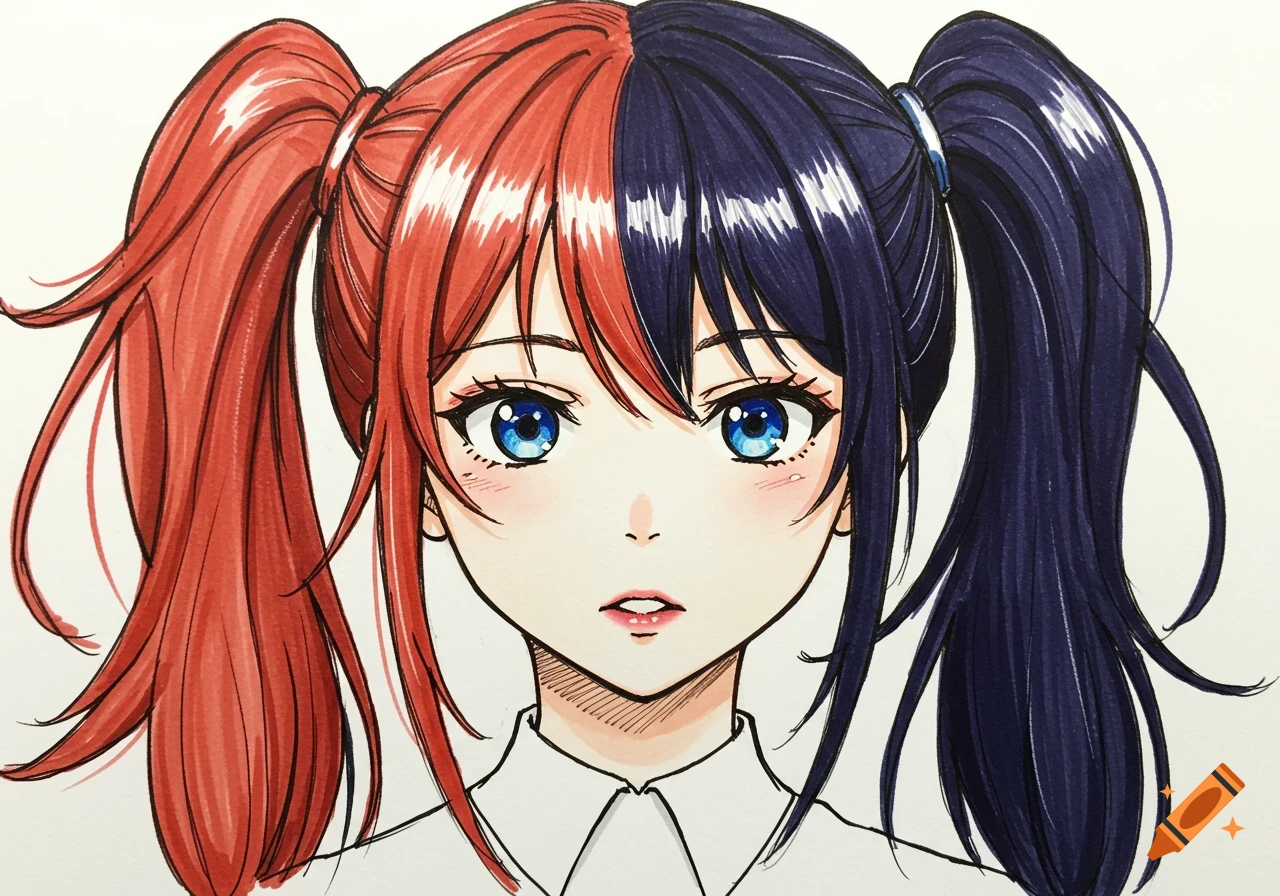Close-up anime portrait of a girl with half red, half dark blue pigtails and blue eyes.