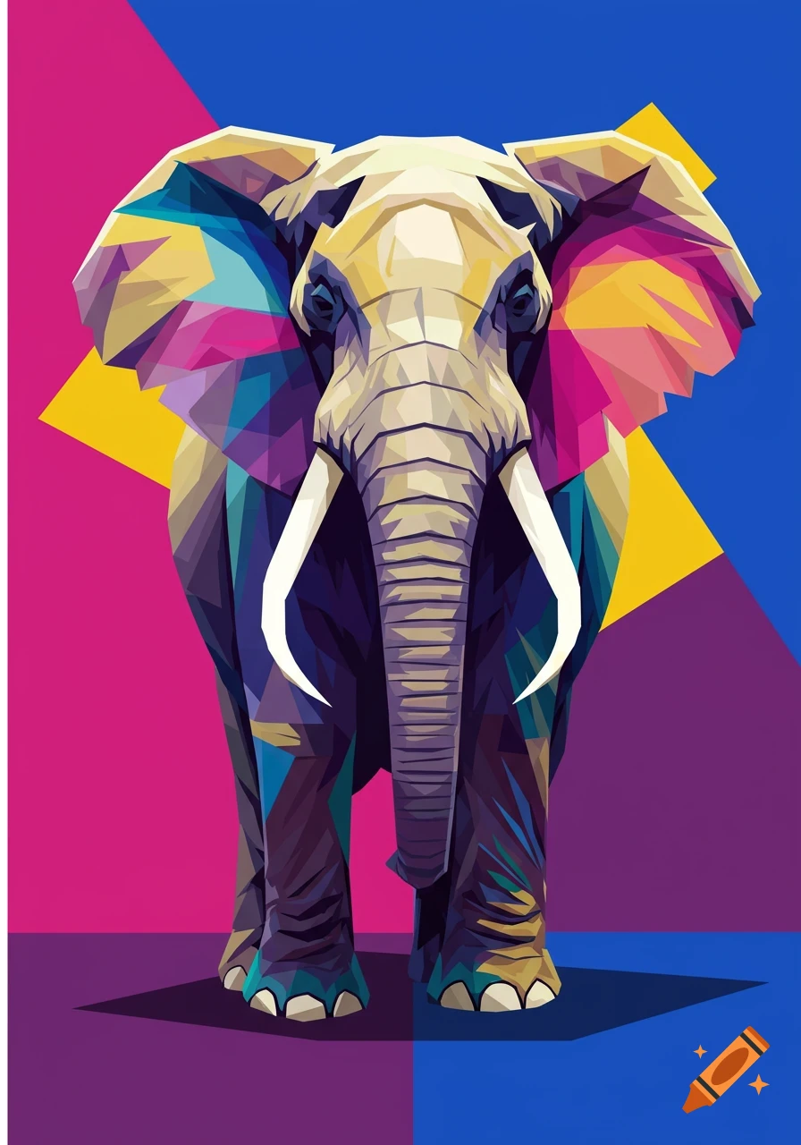 A vibrant, cubist-style digital art depiction of an elephant with colorful geometric shapes.