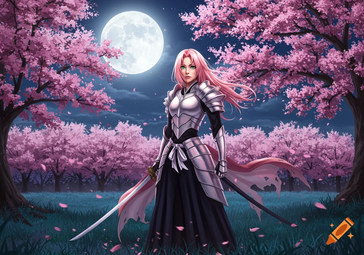 An anime-style woman with pink hair and green eyes wears silver armor and a black dress, holding two swords under a full moon in a field of cherry blossom trees.