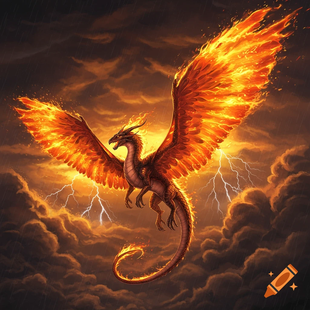 An epic fiery dragon with large flaming wings flies through a dark, stormy sky with bright lightning and rain.