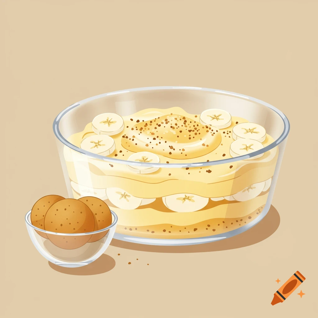 An illustration of a glass bowl of layered banana pudding with sliced bananas and crumbs, next to a small bowl of vanilla wafers.