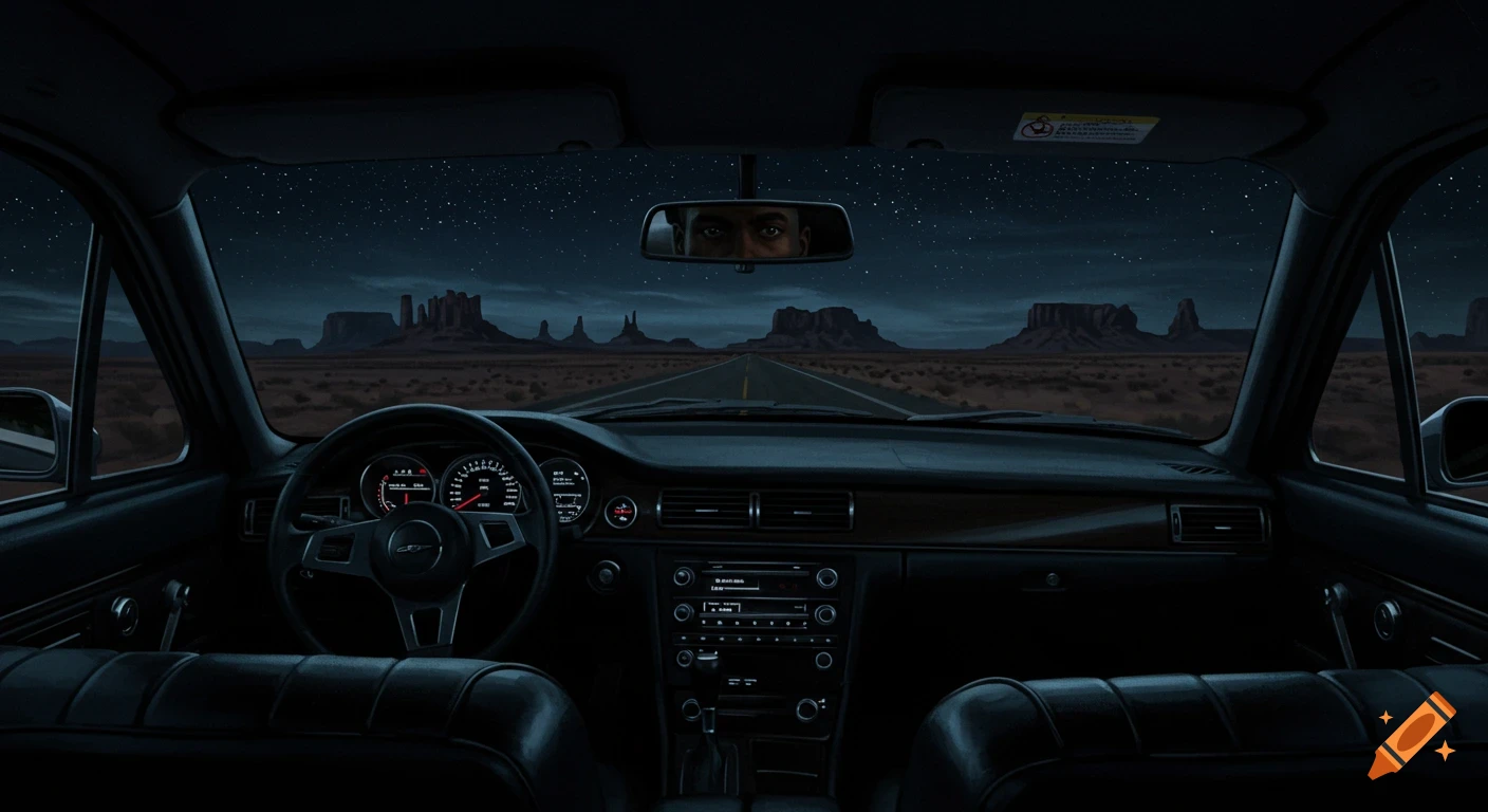 A driver's perspective from inside a car at night, looking out at a desert road and starry sky with mesa formations. The driver's eyes are visible in the rearview mirror.