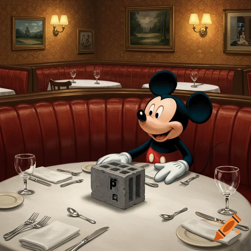 Cartoon Mickey Mouse at a restaurant table with a gray cinder block in front of him.