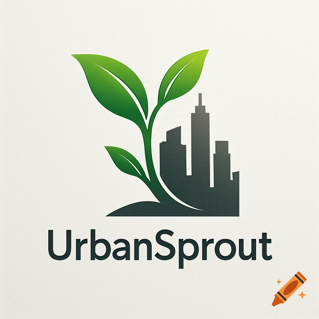 Logo featuring a green sprout growing from a dark city skyline, with the text 'UrbanSprout' below.