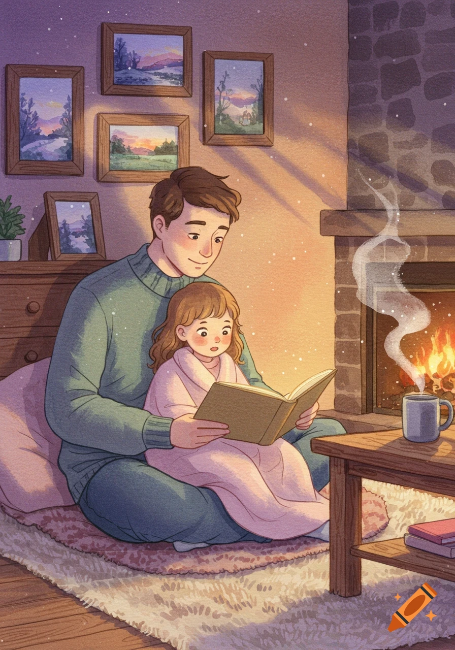 A watercolor drawing of a father reading a book to his daughter by a warm fireplace in a cozy room.