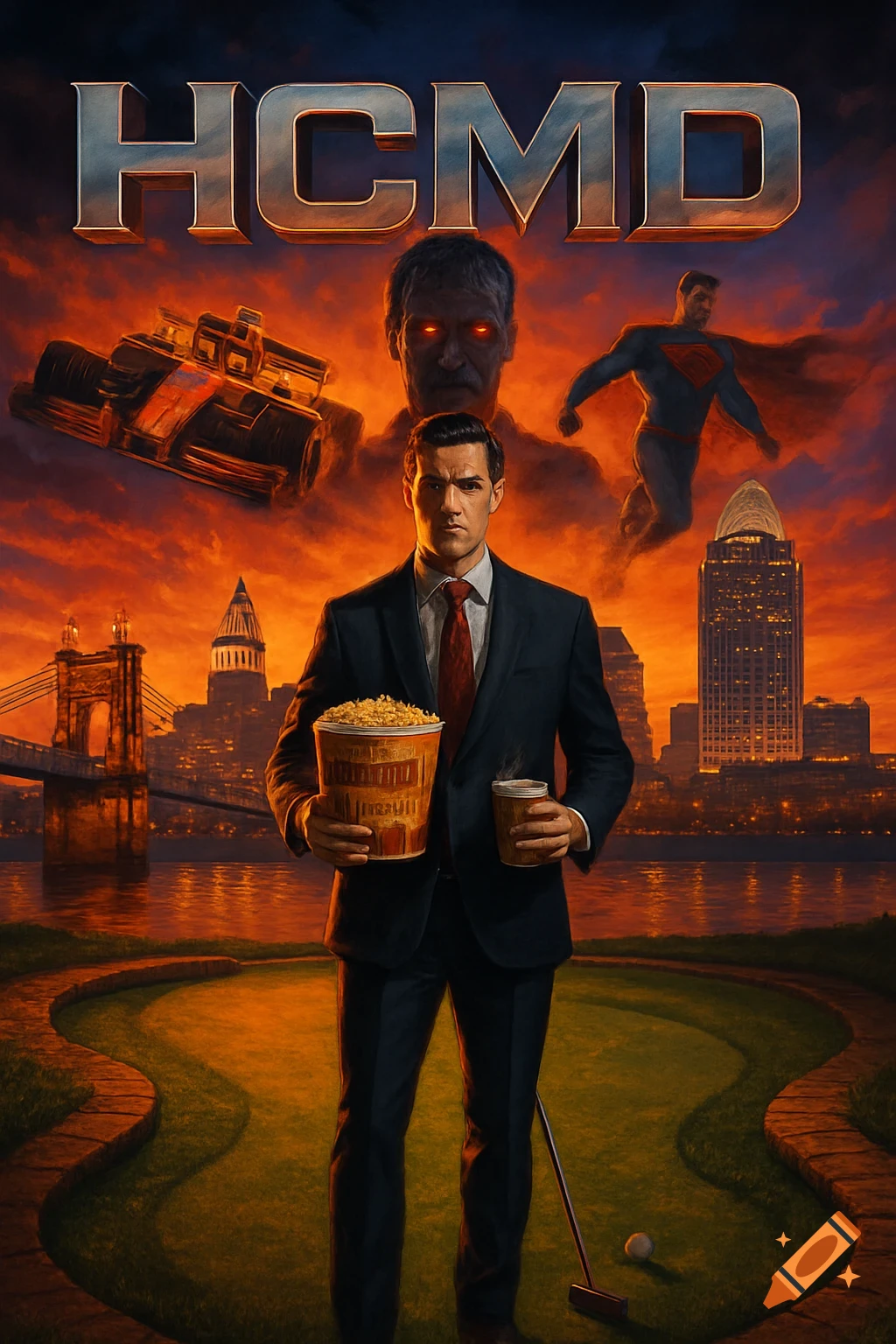 Dramatic movie poster featuring a man on a golf green with popcorn and coffee, against a sunset Cincinnati skyline, with HCMD text, a floating F1 car, zombie head, and Superman-like figure.