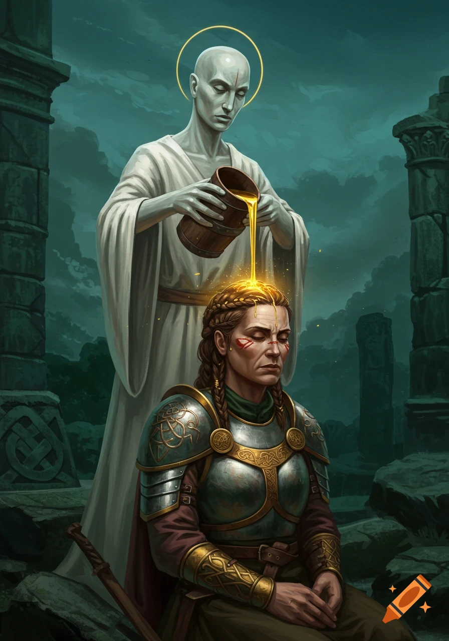 A robed, bald figure pours golden liquid from a barrel onto a warrior woman's head amidst ancient ruins, a fantasy ritual scene.